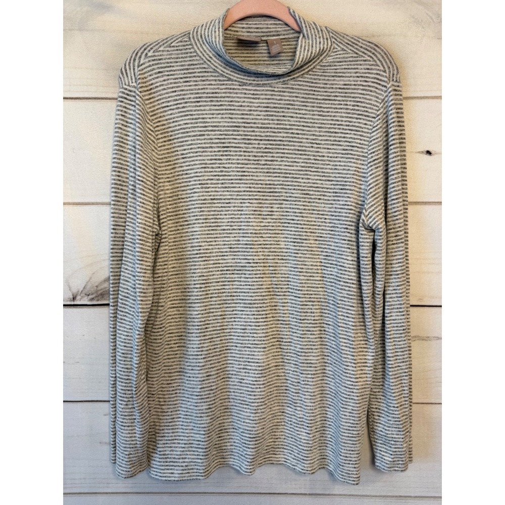 Chicos Mock Neck Striped Long Sleeve Knit Top Grey White Size 1 Medium
